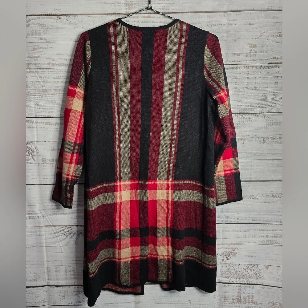Anne Klein Black,‎ Beige and Red Plaid Duster Cardigan w/ Belt Neckline Accent-S